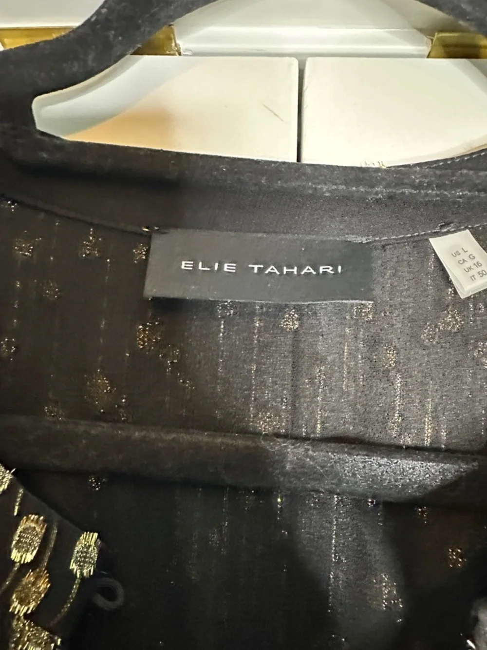 Elie Tahari Silk Blend Black Gold Midi Dress SzL